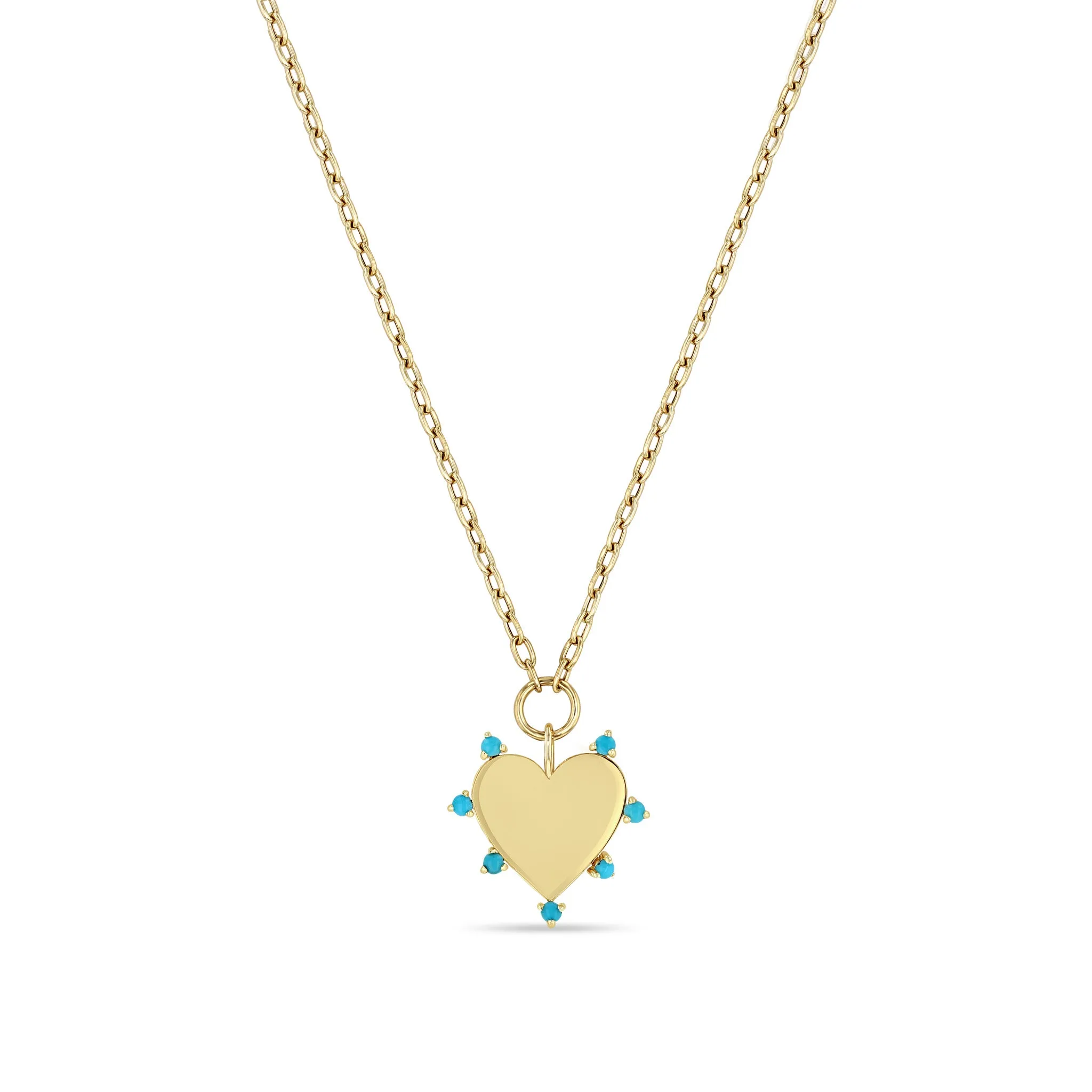 14k 7 Prong Turquoise Heart Pendant on Small Square Oval Chain