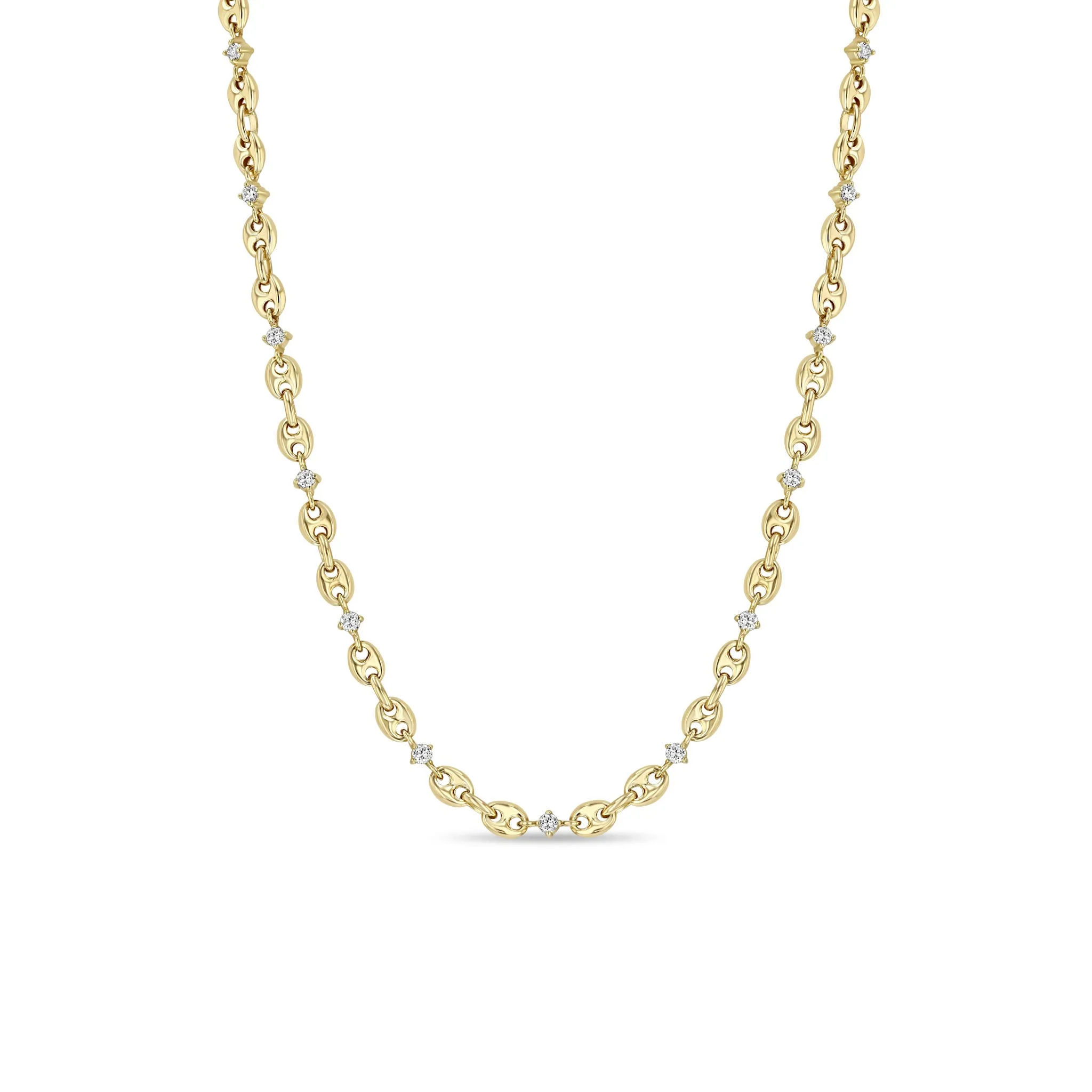 14k Linked Prong Diamond & Small Puffed Mariner Chain Necklace