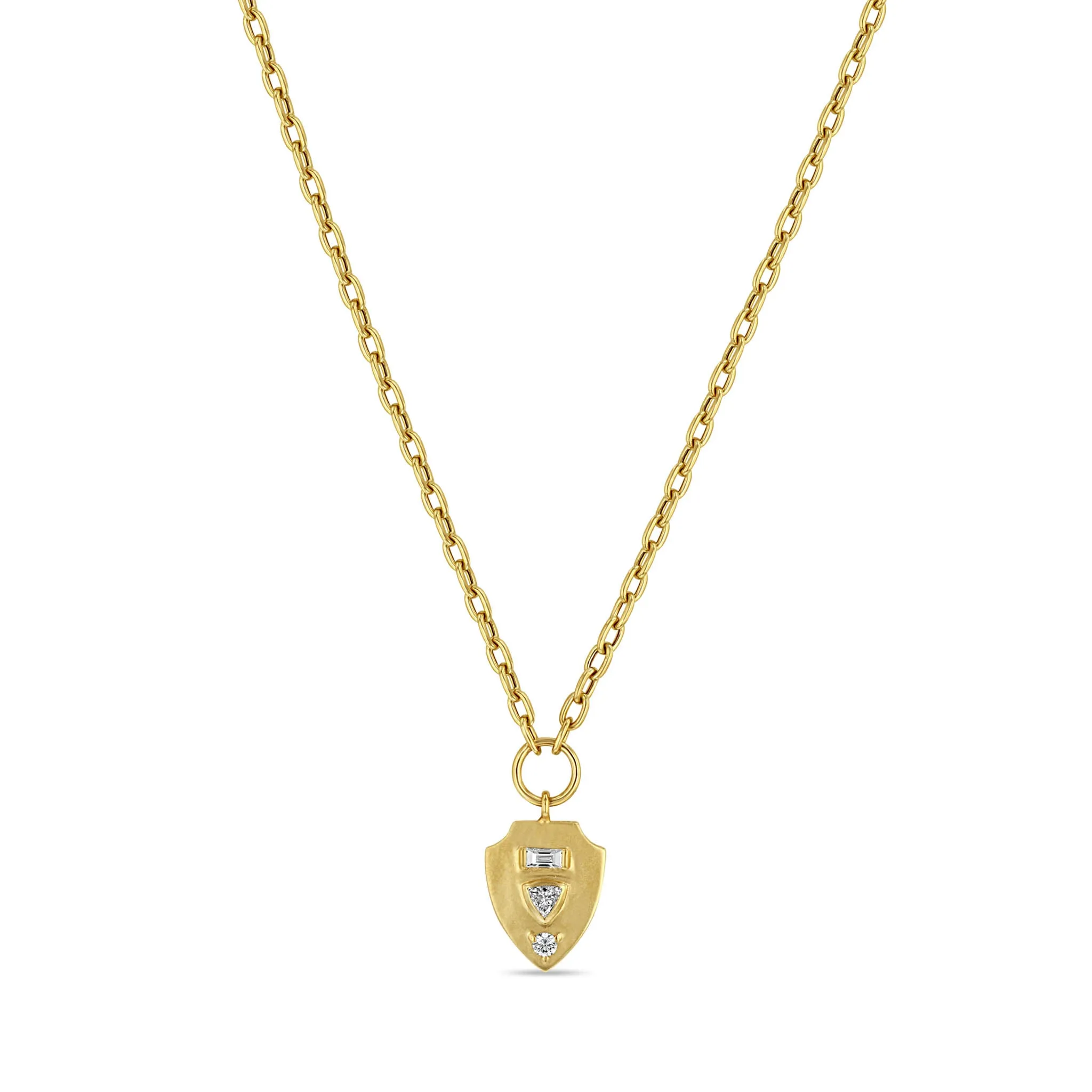 14k Mixed Cut Diamond Brushed Gold Shield Pendant Necklace