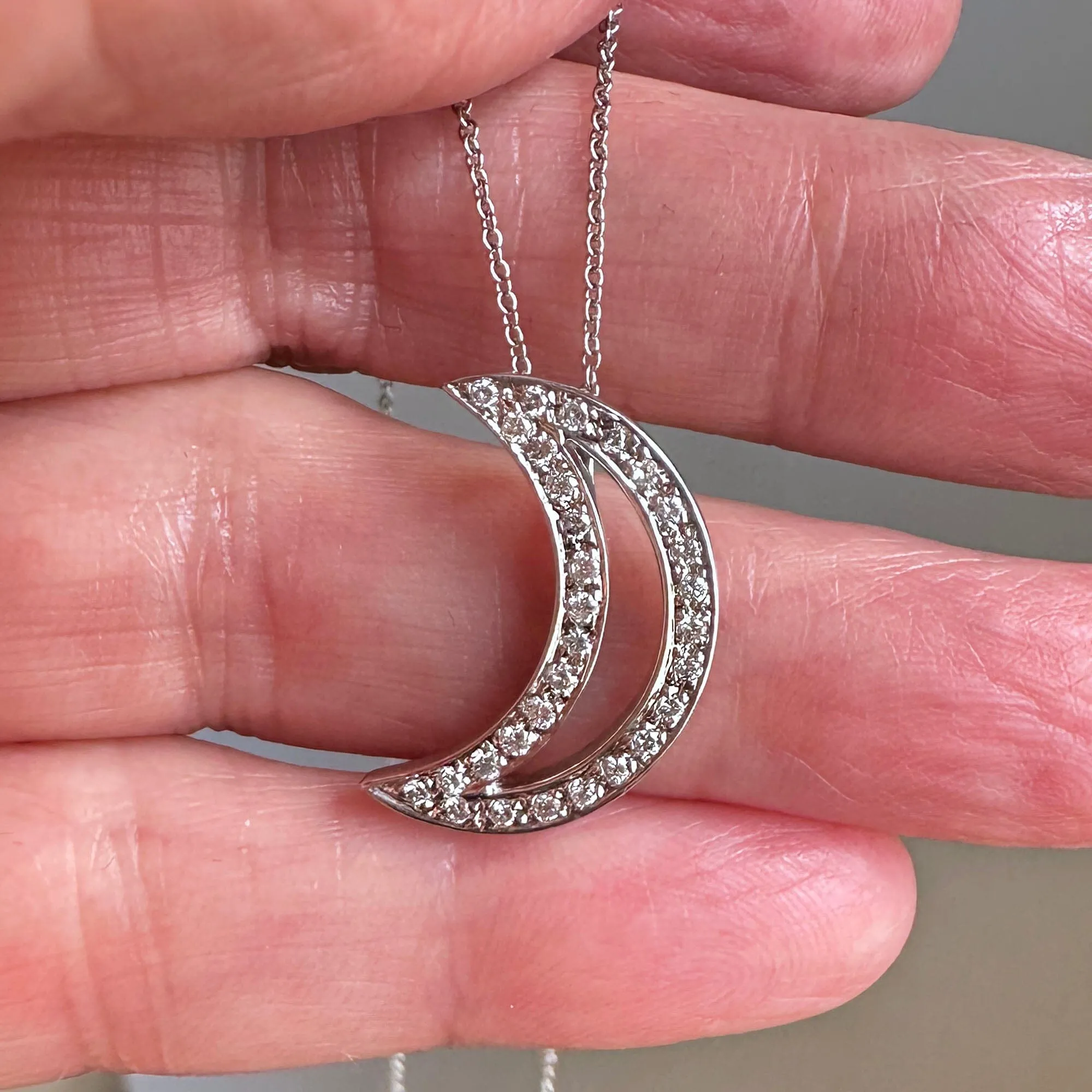 14K White Gold Crescent Moon Diamond Necklace