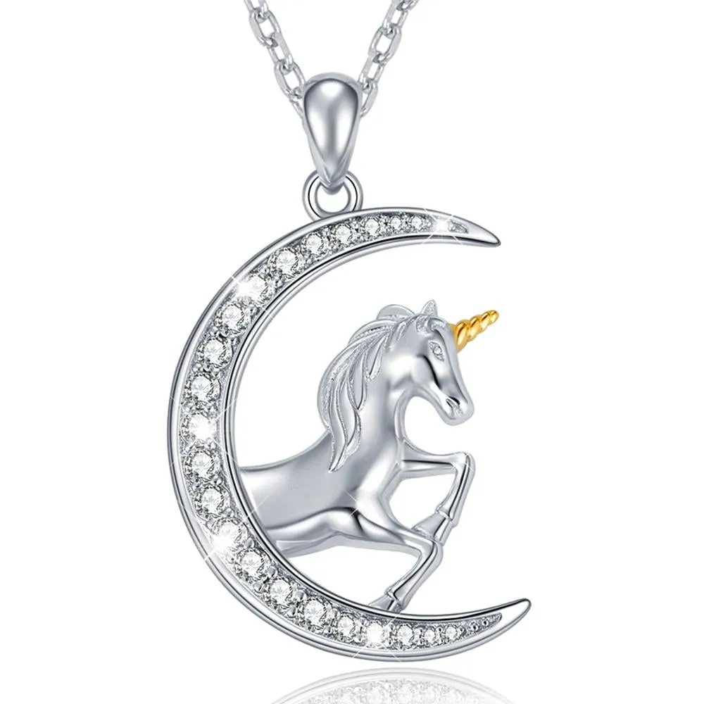 925 Sterling Silver Crescent Moon Crystal with Unicorn Pendant Necklace