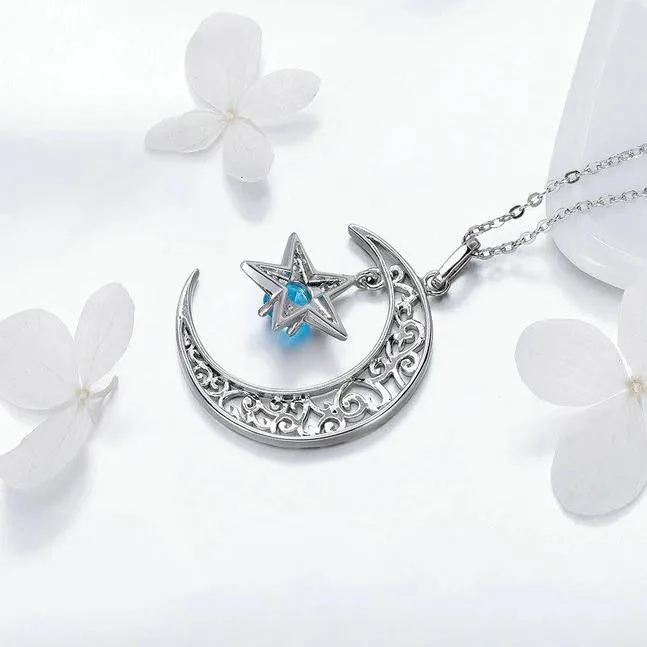 925 Sterling Silver Crescent Moon with Dangling Star Crystal