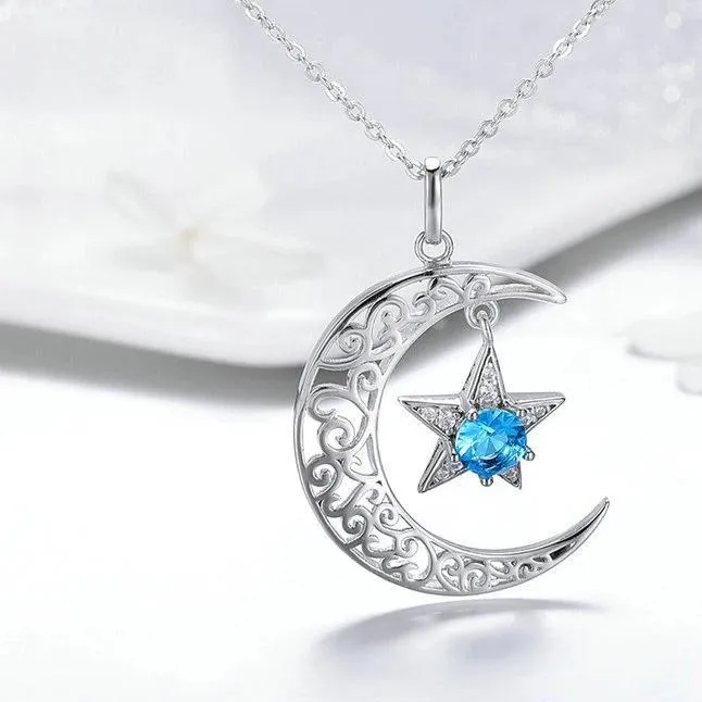 925 Sterling Silver Crescent Moon with Dangling Star Crystal