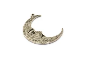 Antique Silver Moon Charm, 4 Antique Silver Brass Crescent Moon Charms With 1 Loop (32x1.2mm) N1512