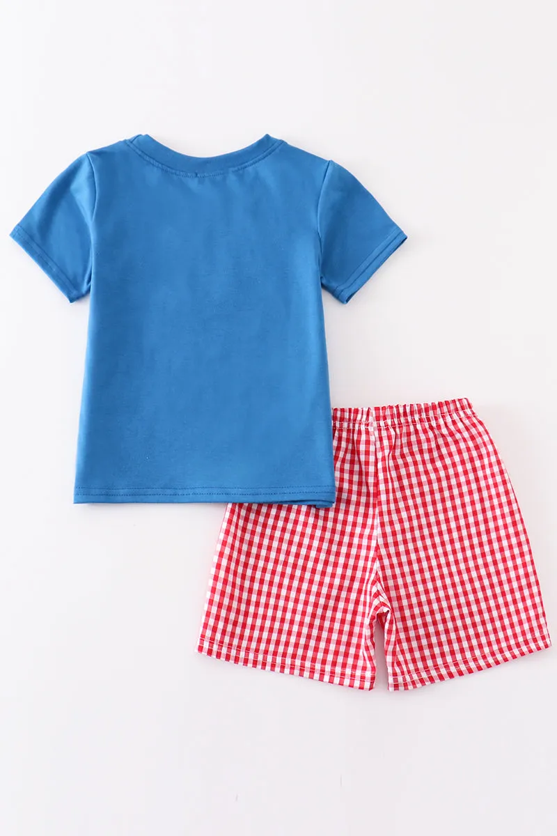 Blue apple applique back to school boy set