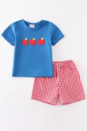 Blue apple applique back to school boy set