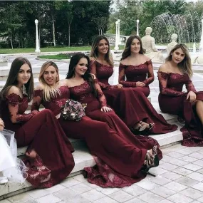 Burgundy Long Sleeves Off the Shoulder Mermaid Cheap Long Bridesmaid Dresses