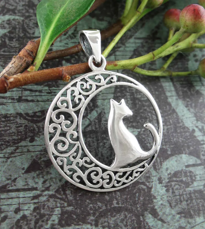 Cat Silhouetted Against a Fanciful Crescent Moon Pendant