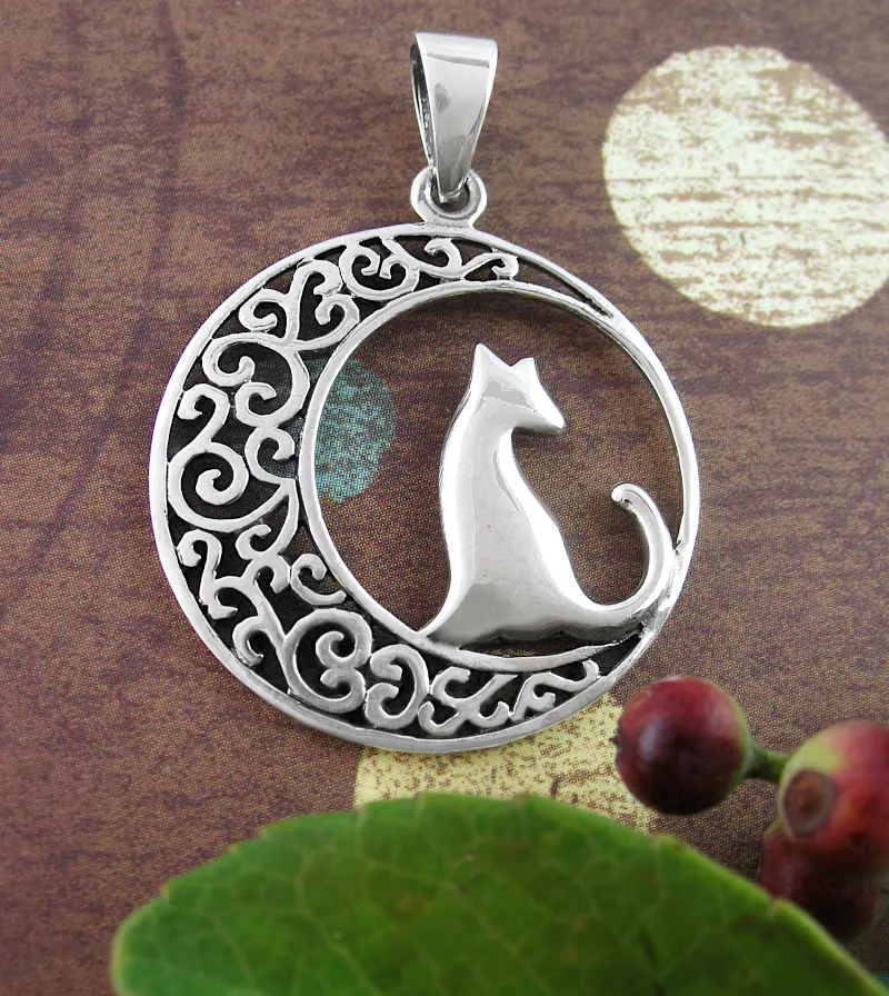 Cat Silhouetted Against a Fanciful Crescent Moon Pendant