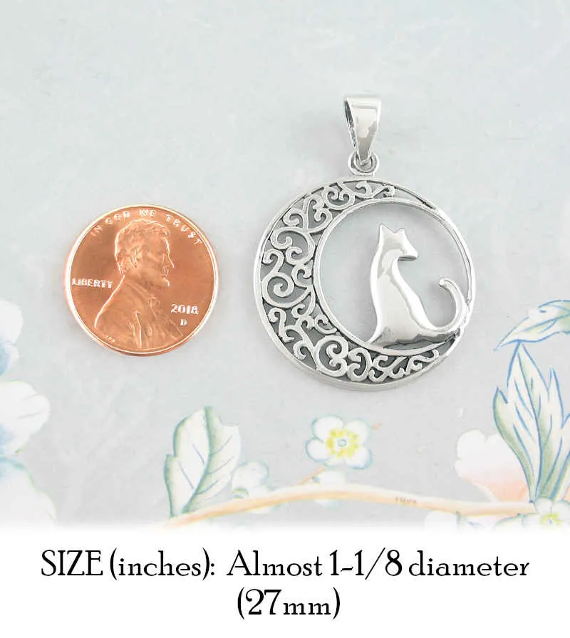 Cat Silhouetted Against a Fanciful Crescent Moon Pendant