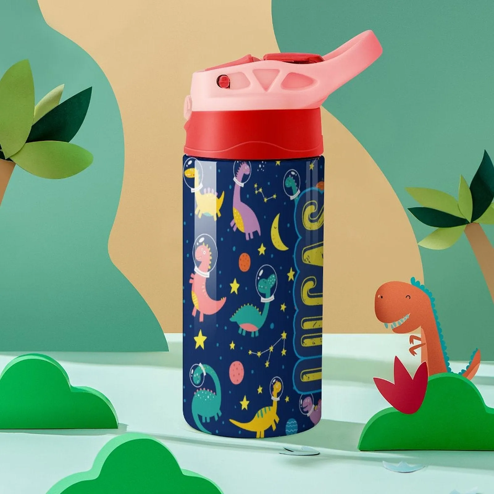 Custom Name Dinosaur Kids Water Bottle 12OZ Stainless Steel Personalized Drink Cup