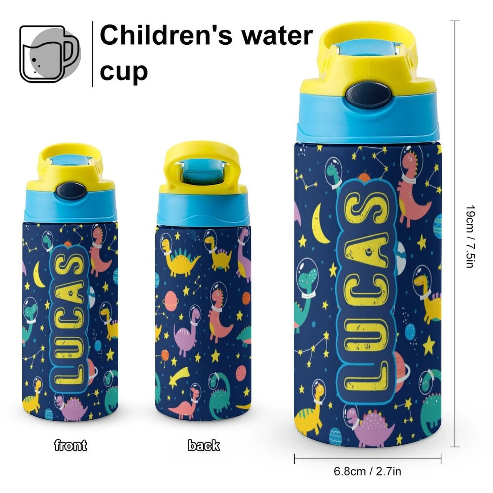 Custom Name Dinosaur Kids Water Bottle 12OZ Stainless Steel Personalized Drink Cup