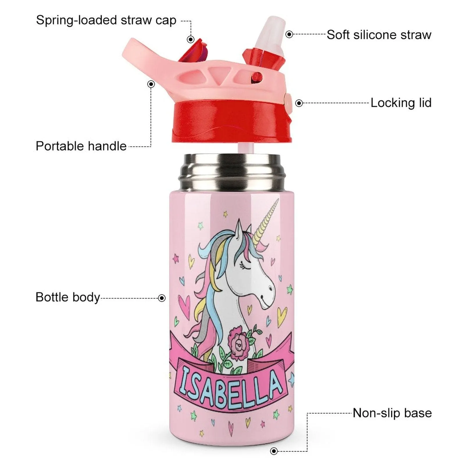 Custom Name Horse with Horn Kids Water Bottle 12OZ Stainless Steel Personalized Drink Cup