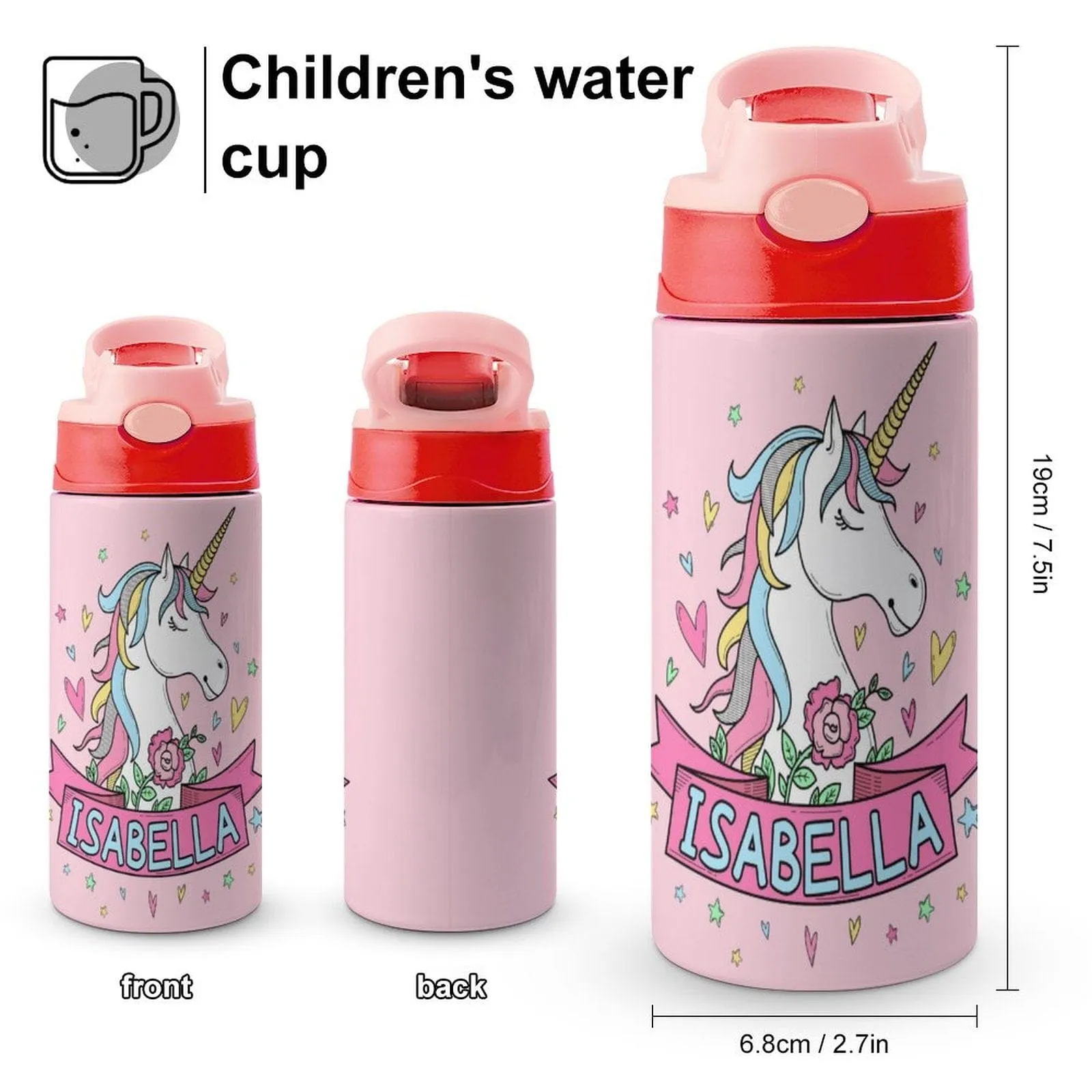 Custom Name Horse with Horn Kids Water Bottle 12OZ Stainless Steel Personalized Drink Cup