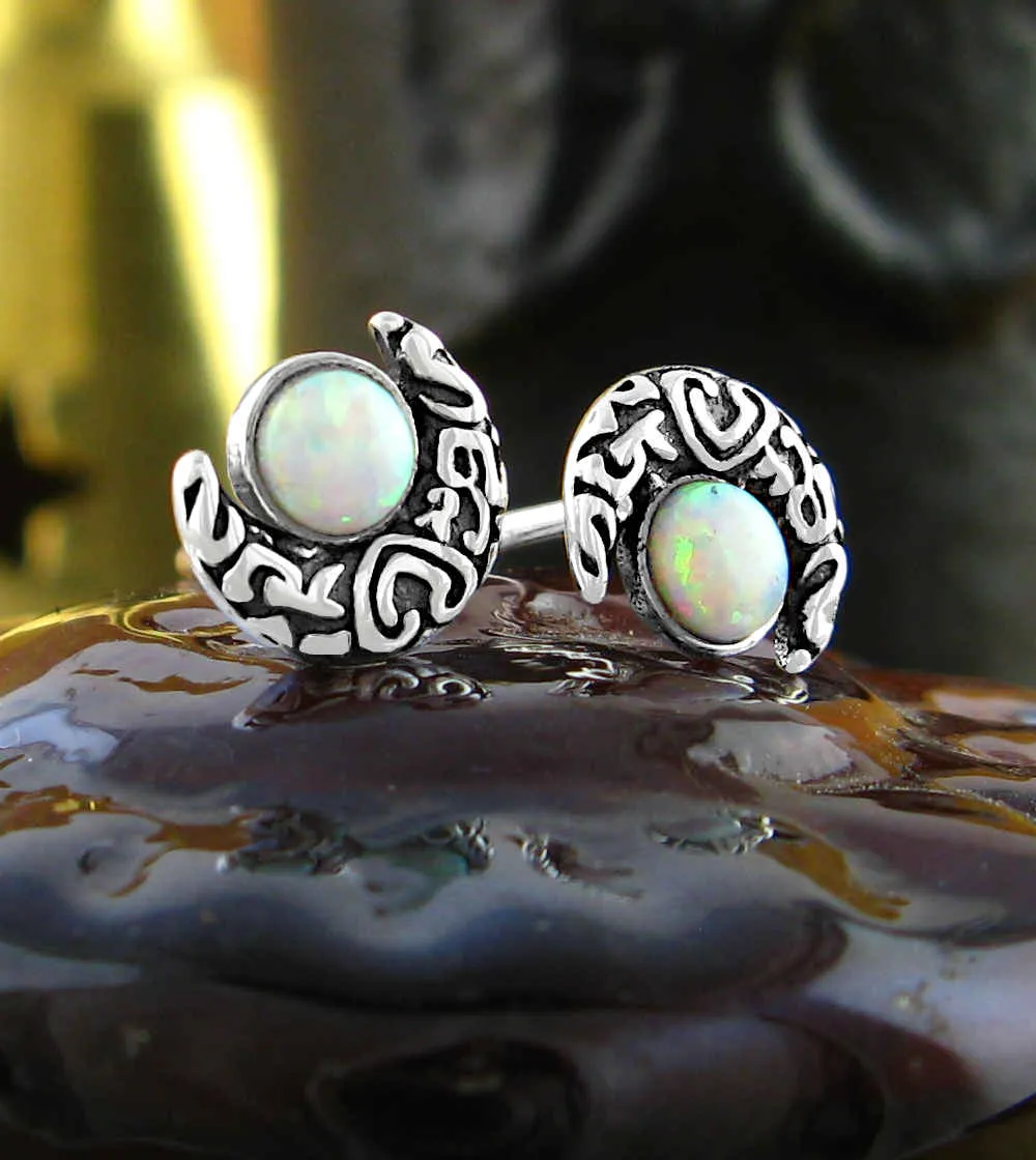 Decorative Crescent Moon Stud Earrings With Lab Opal