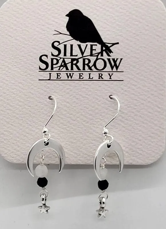 Earrings, Silver Dangle w-Crescent Moon and Star