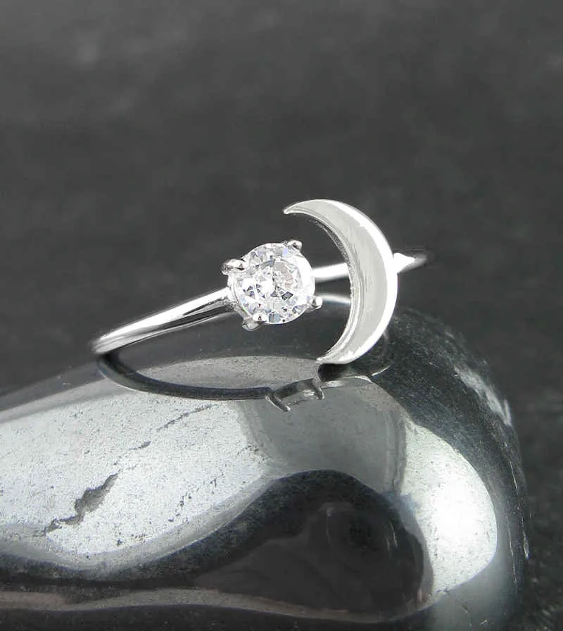 'Floating' Crescent Moon Ring With CZ Star