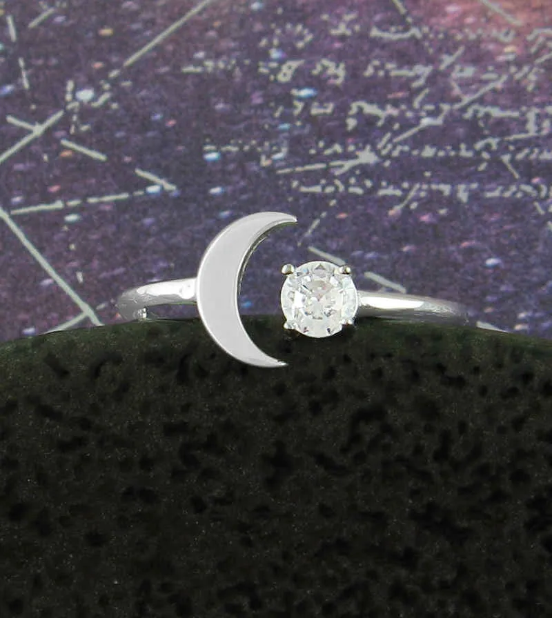 'Floating' Crescent Moon Ring With CZ Star