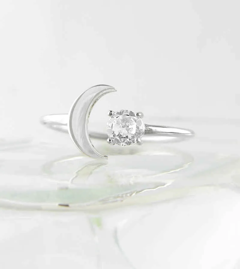 'Floating' Crescent Moon Ring With CZ Star