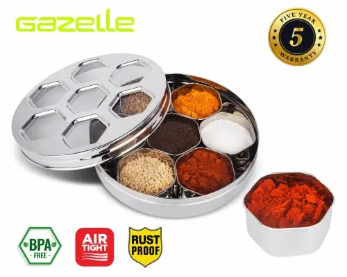 GAZELLE - Masala Box for Kitchen With See Through Lid 7 In 1 Stainless Steel Spice Box for Kitchen Storage Masala Container Dabba Namak Dani For Kitchen - Steel Masala Organizer for Kitchen