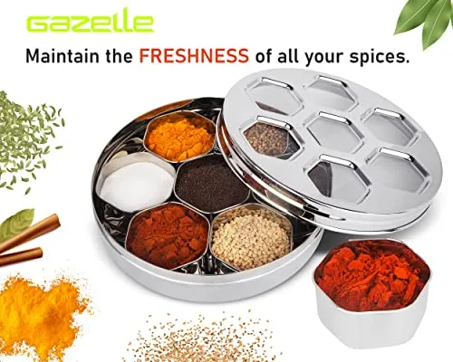 GAZELLE - Masala Box for Kitchen With See Through Lid 7 In 1 Stainless Steel Spice Box for Kitchen Storage Masala Container Dabba Namak Dani For Kitchen - Steel Masala Organizer for Kitchen