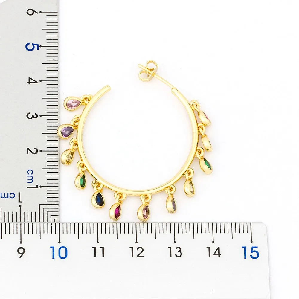 Gold Multi-Color CZ Dangle Charm Hoop Earrings