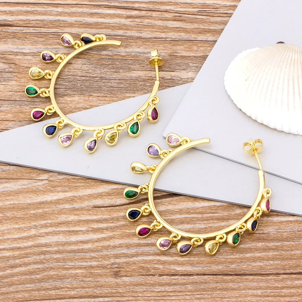 Gold Multi-Color CZ Dangle Charm Hoop Earrings