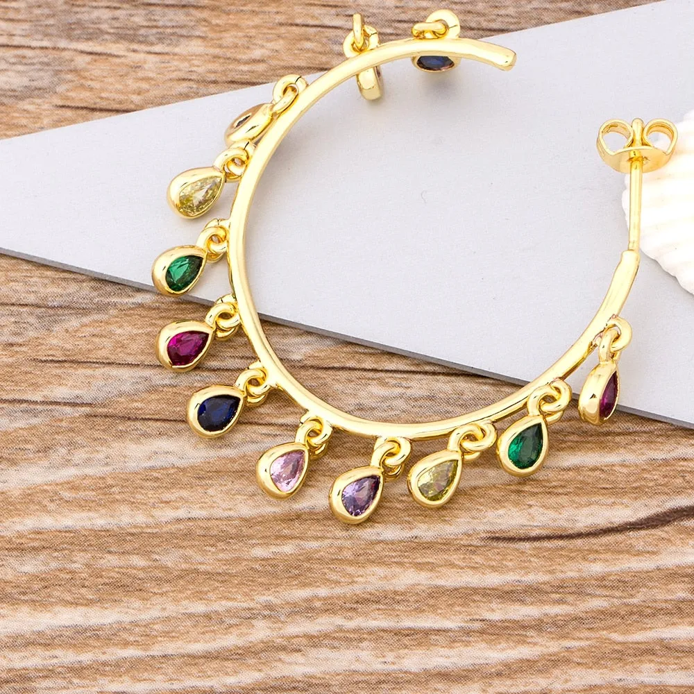 Gold Multi-Color CZ Dangle Charm Hoop Earrings