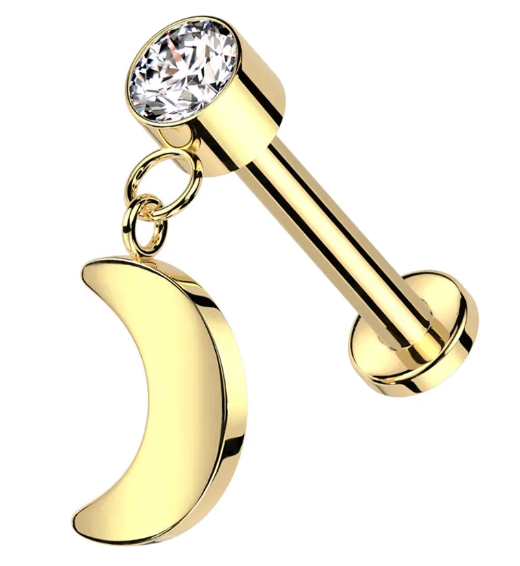 Gold PVD Half Moon Dangle Clear CZ Titanium Internally Threaded Labret