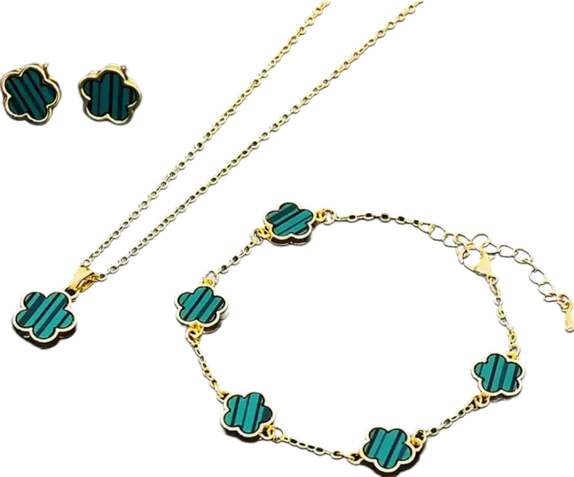 Green /gold 3 Piece Clover Bracelet/necklace/earrings Set One Size