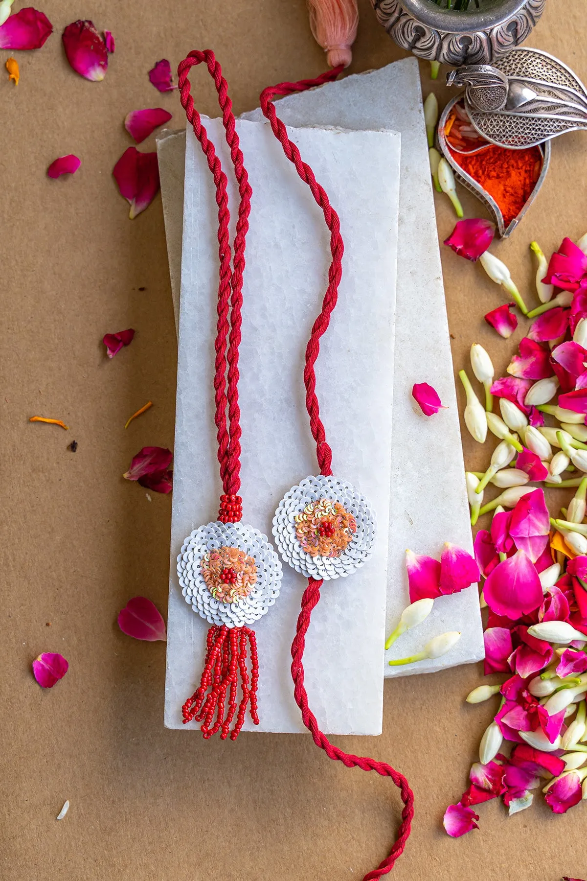 Hibiscus Embroidered Rakhi and Lumba Set