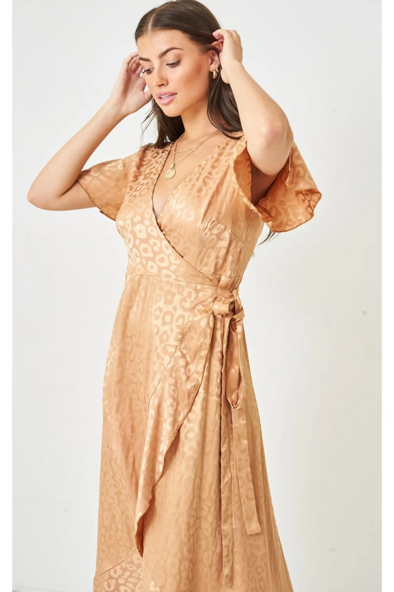 Love Frontrow Gold Jacquard Leopard Print Sleeve Wrap Dress