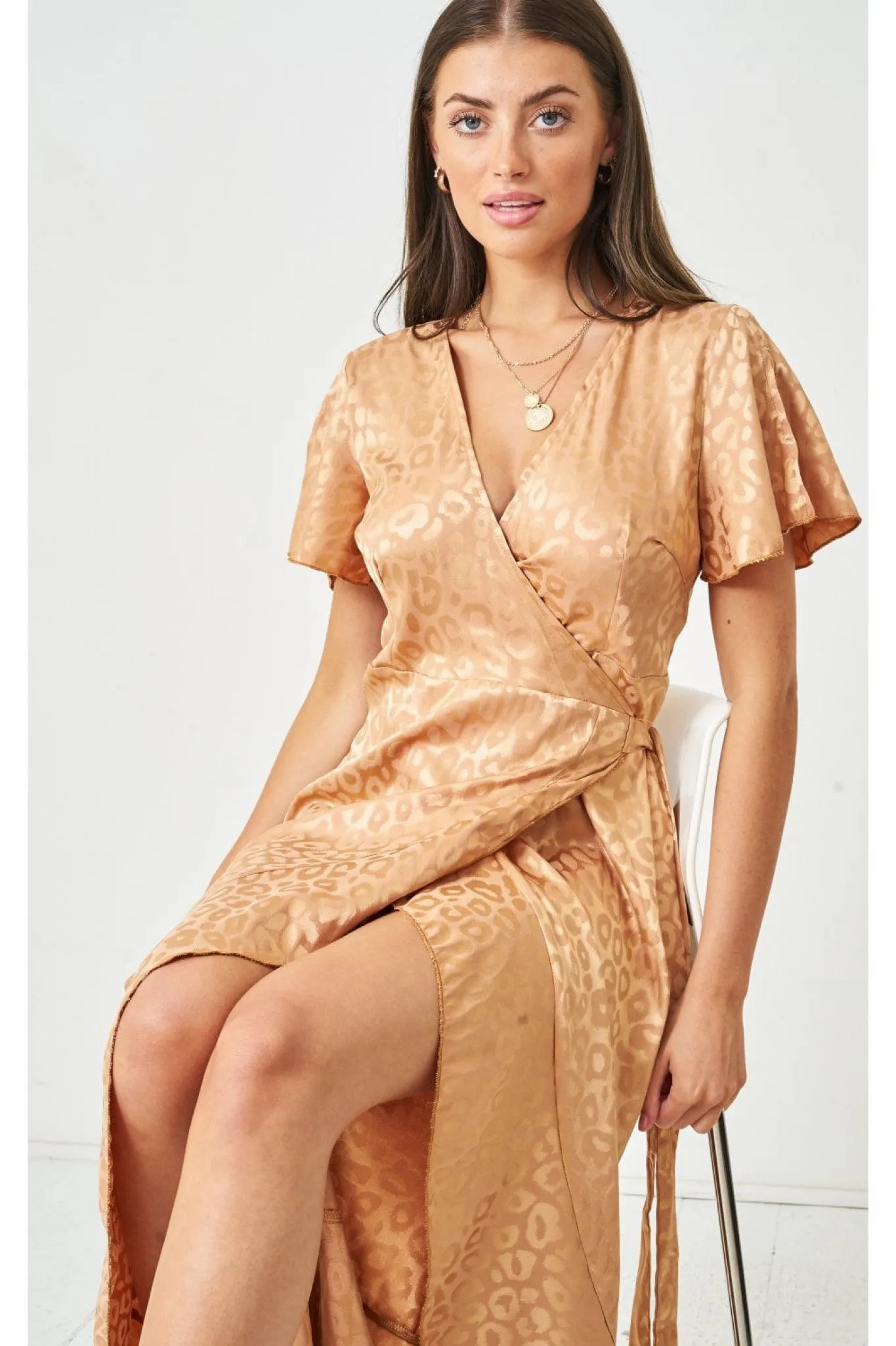 Love Frontrow Gold Jacquard Leopard Print Sleeve Wrap Dress