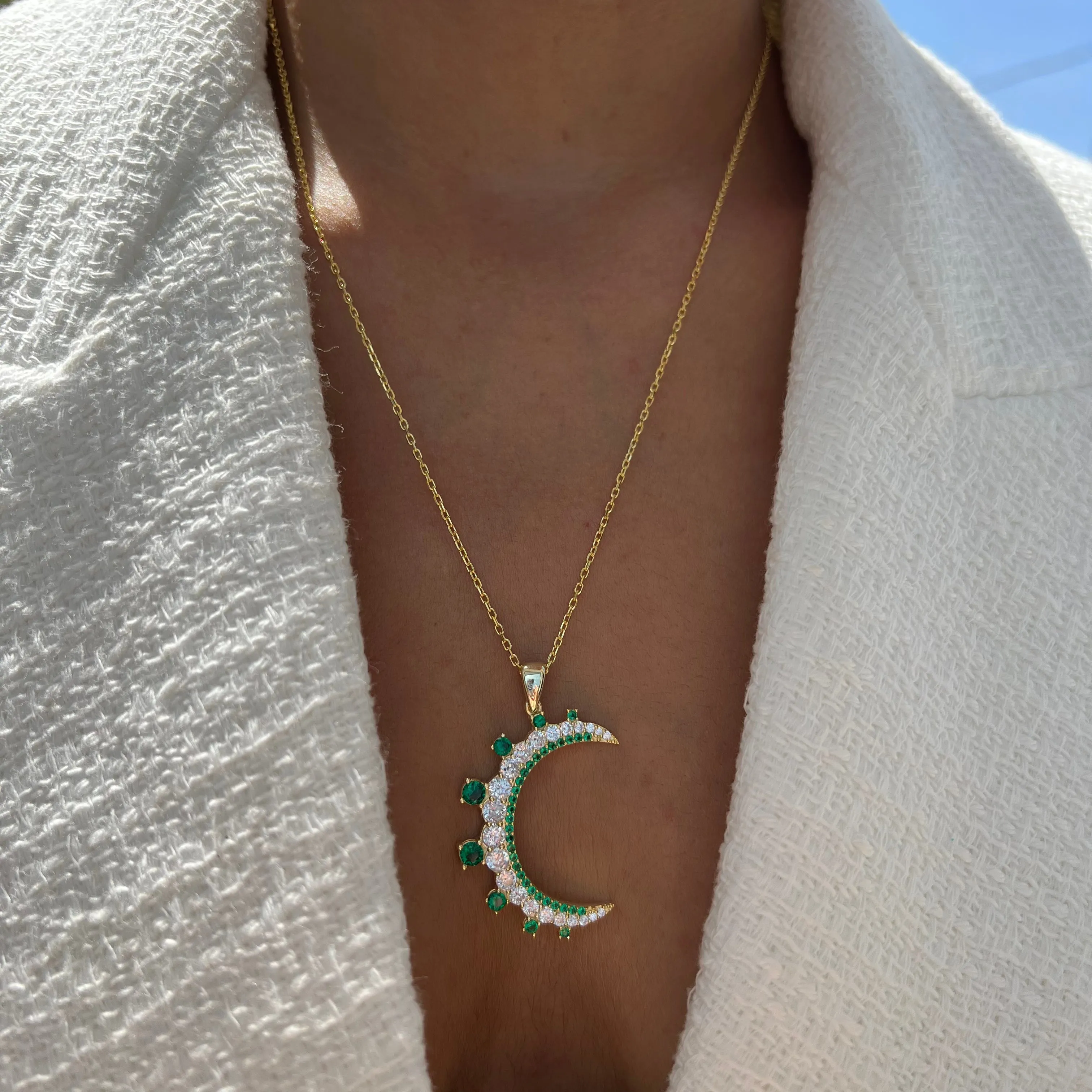 “Mezzaluna” gold green pave crescent necklace