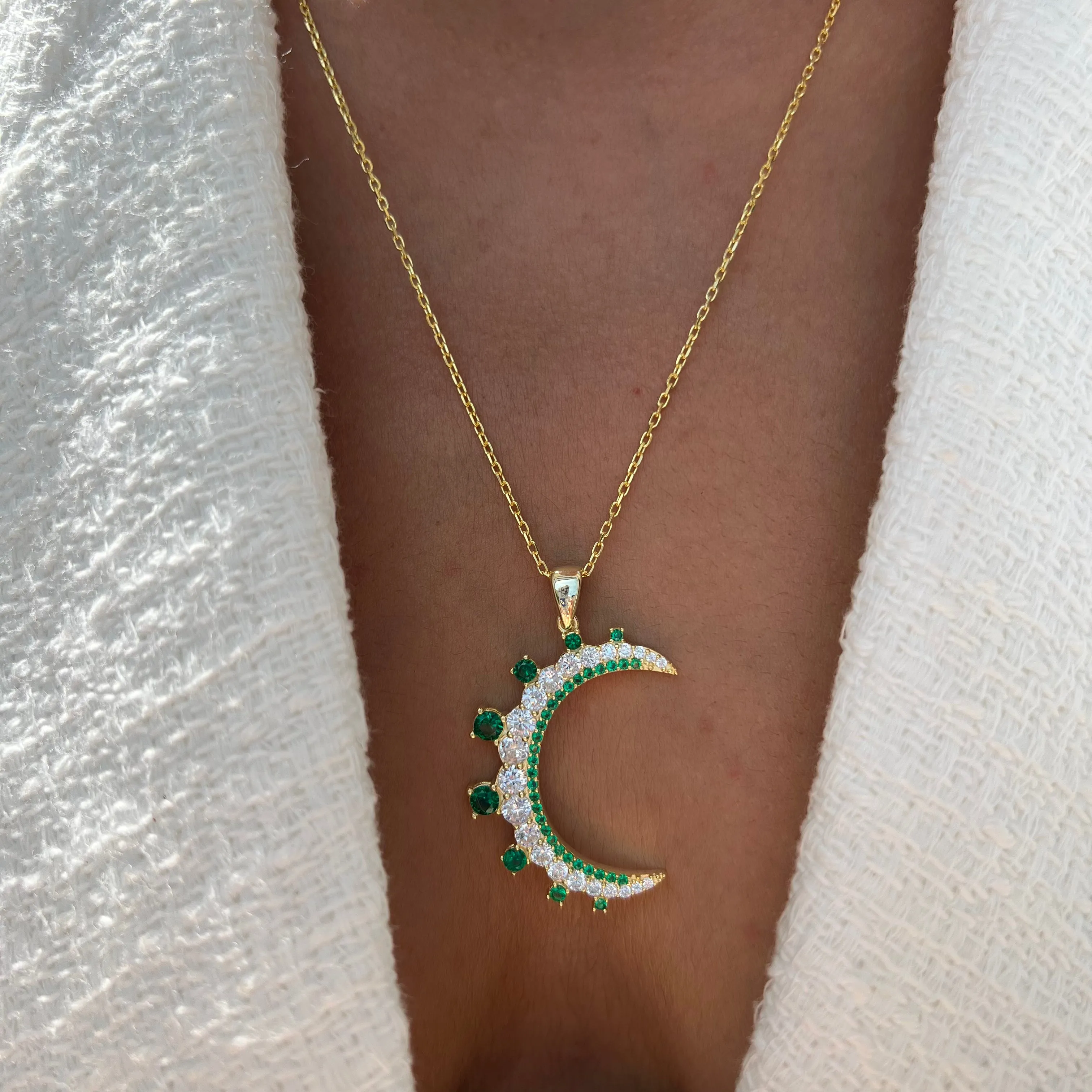 “Mezzaluna” gold green pave crescent necklace