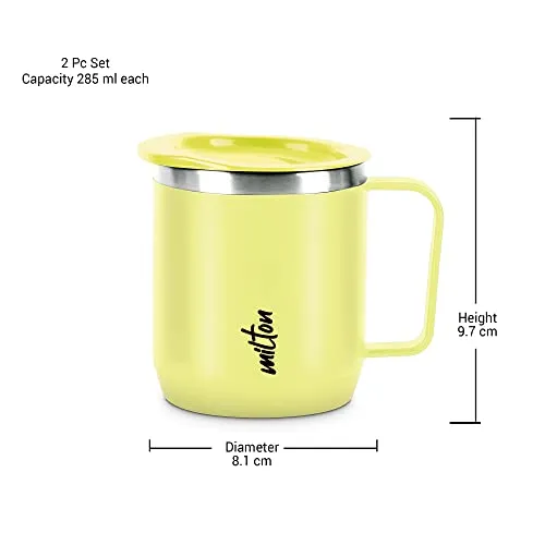 MILTON Star Gift Set, Double Walled Stainless Steel Mug with Lid, Set of 2, 285 ml Each, Yellow