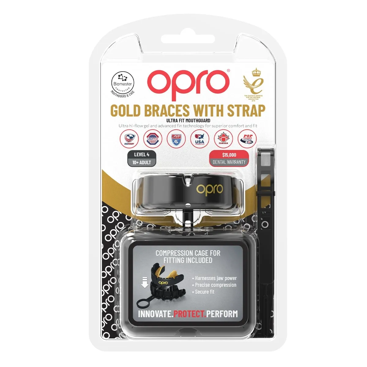 Opro Self Fit Adult Braces   Strap Mouthguard - Black / Gold