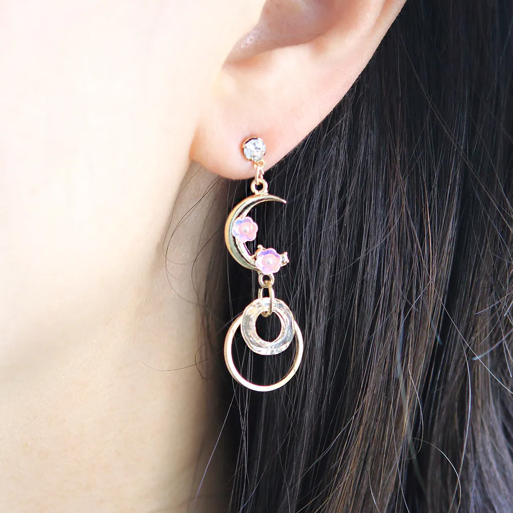 Pink Cat and Crescent Moon Mismatched Earrings