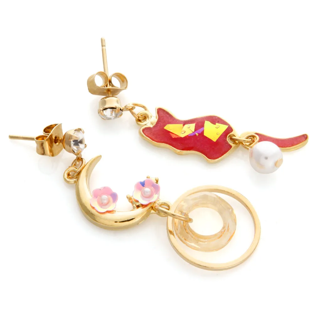 Pink Cat and Crescent Moon Mismatched Earrings