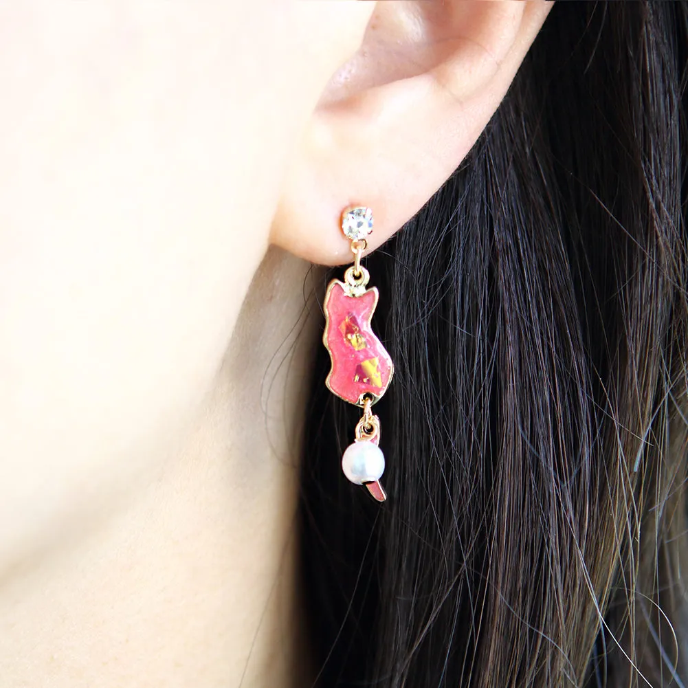 Pink Cat and Crescent Moon Mismatched Earrings