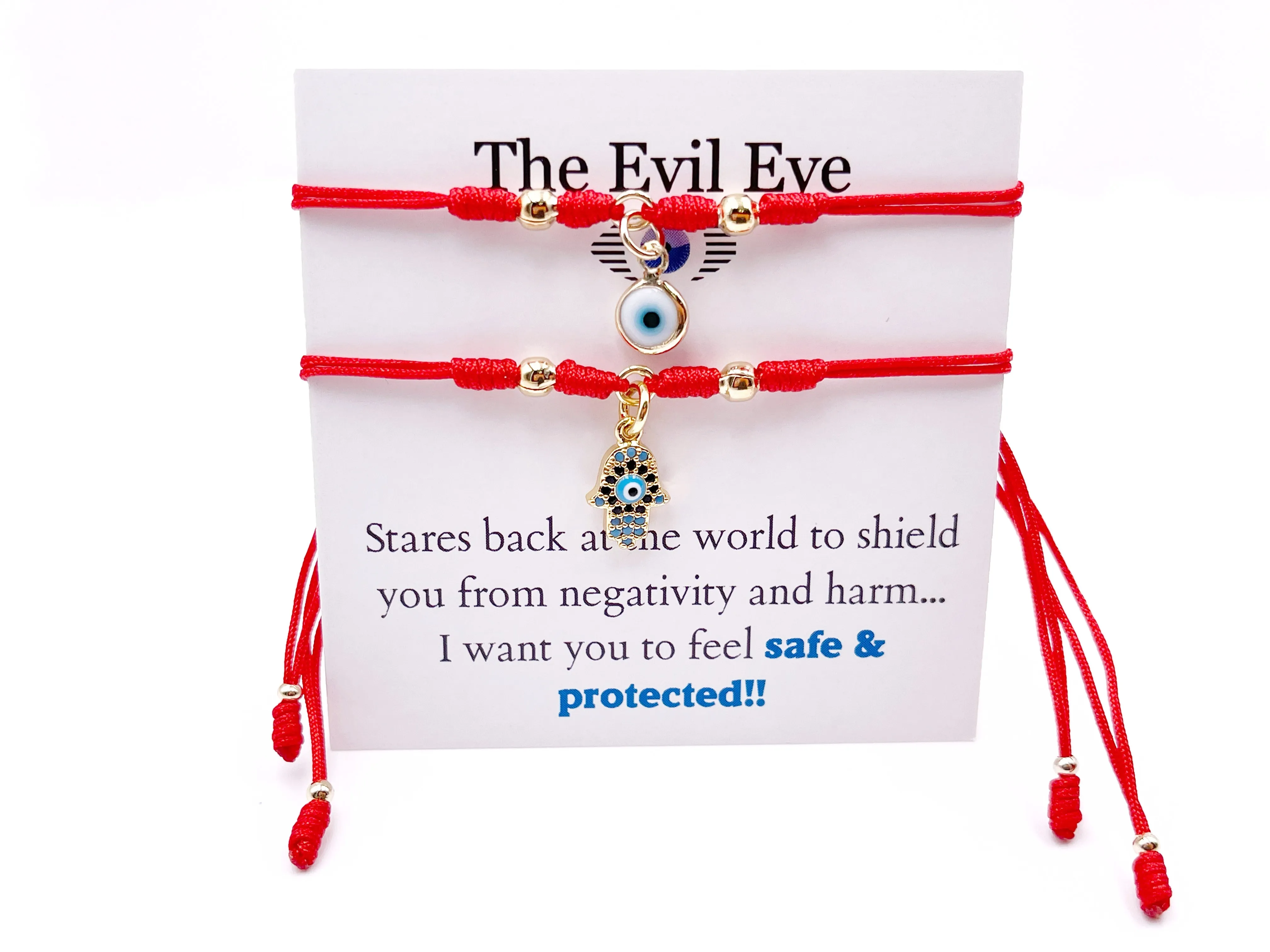 Powerful Red Bracelet Matching Set of 2 Red Strings Evil Eye & Hamsa Pendant