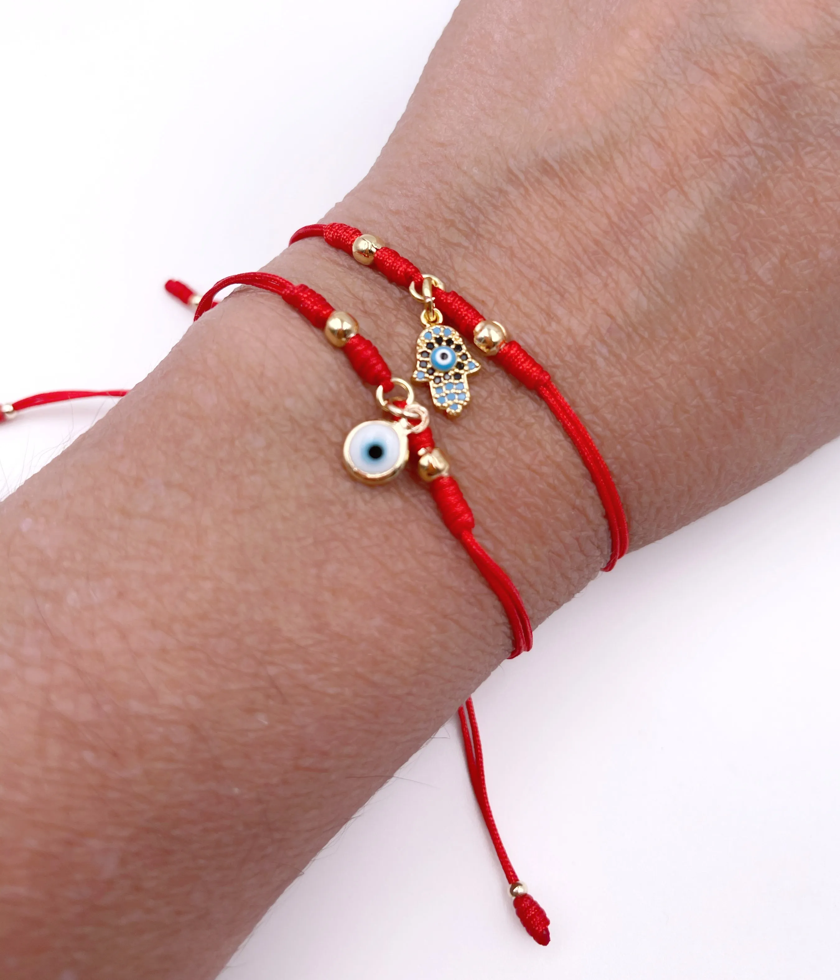 Powerful Red Bracelet Matching Set of 2 Red Strings Evil Eye & Hamsa Pendant