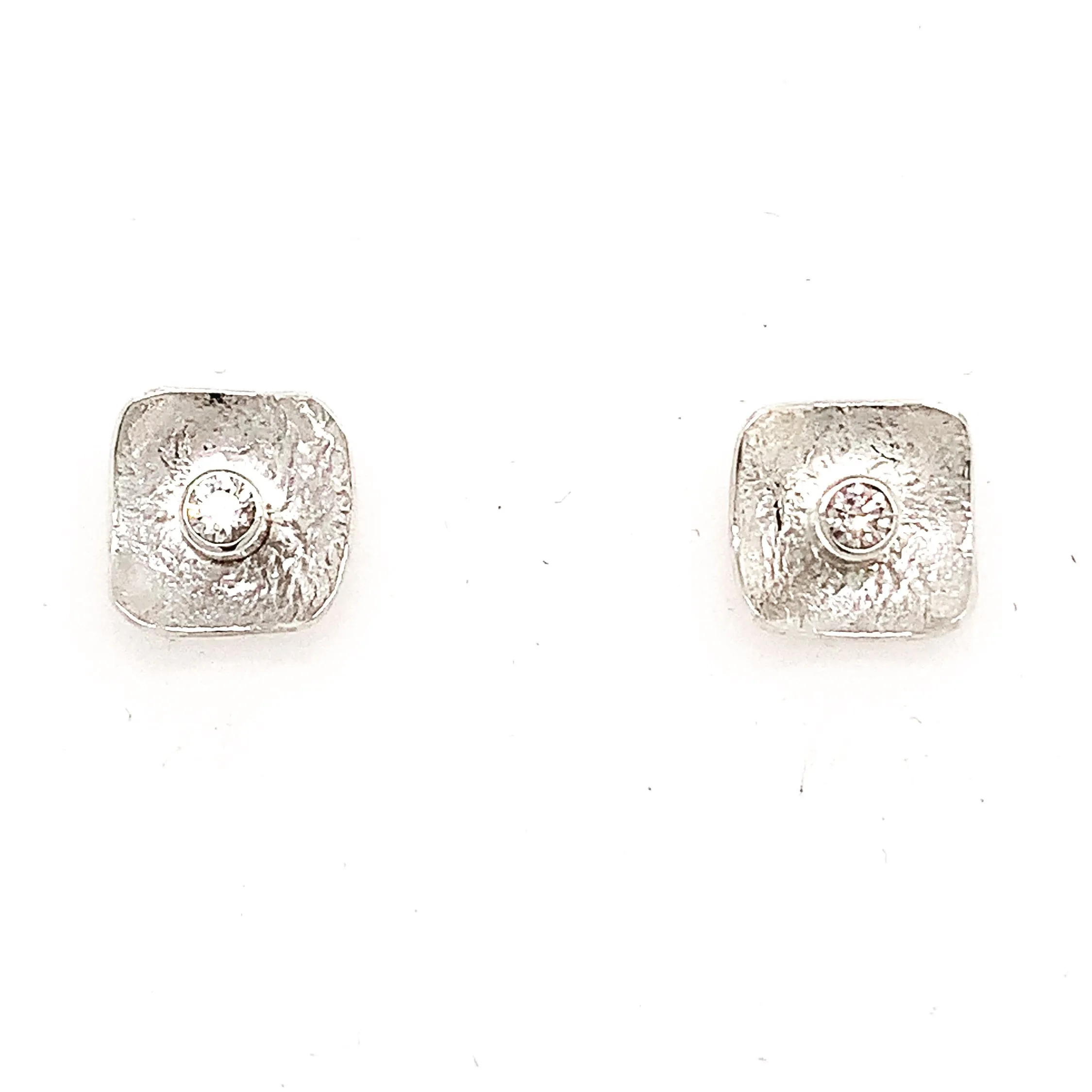 Small Silver Square Post Earrings with Diamonds - E1506