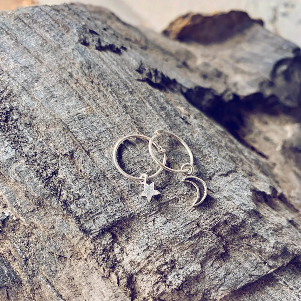 solasta // teeny tiny sterling silver star and crescent moon hoop earrings