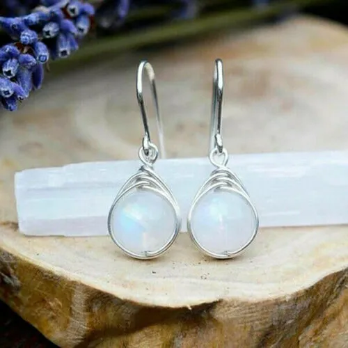 Sterling Silver Round Rainbow Moonstone Dangle Earrings