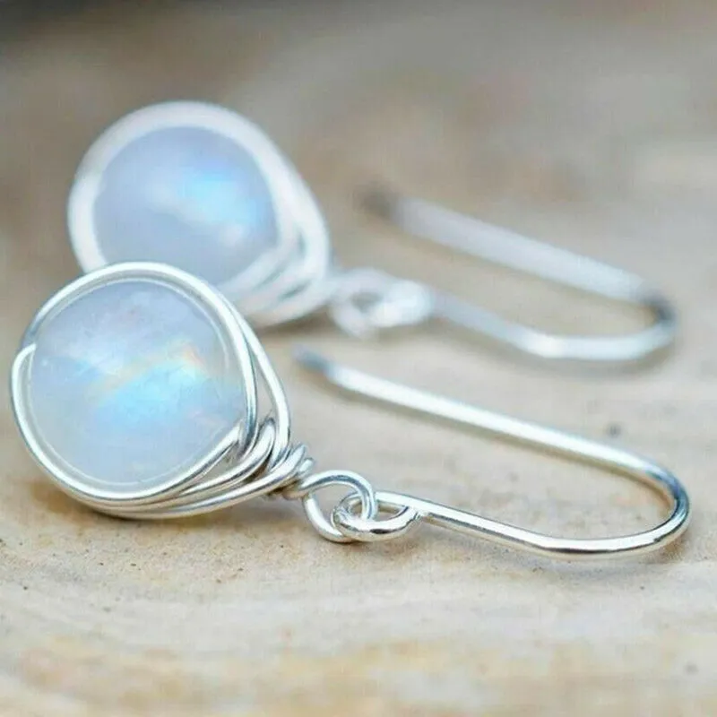 Sterling Silver Round Rainbow Moonstone Dangle Earrings