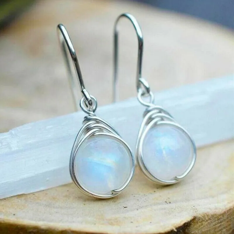 Sterling Silver Round Rainbow Moonstone Dangle Earrings