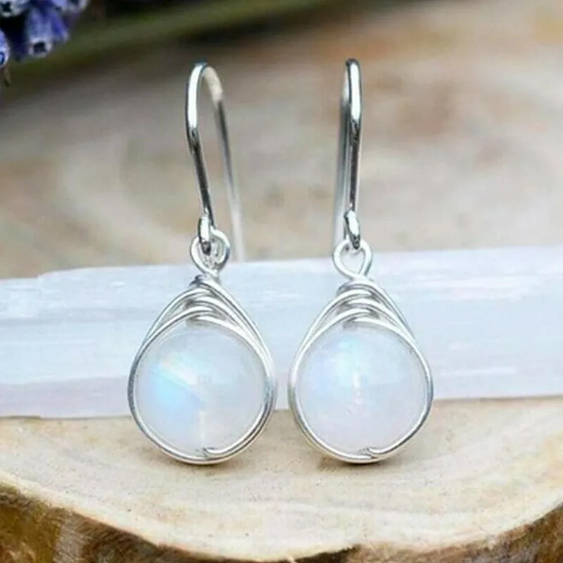 Sterling Silver Round Rainbow Moonstone Dangle Earrings