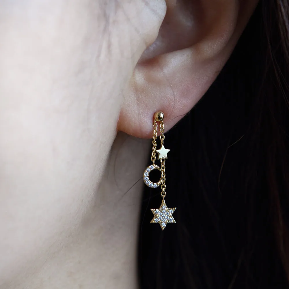 Tiny CZ Stars and Crescent Moon Chain Drop Ball Earrings