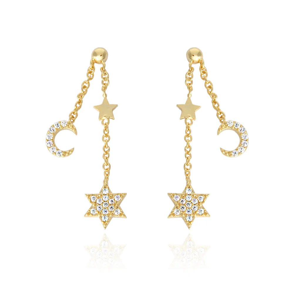 Tiny CZ Stars and Crescent Moon Chain Drop Ball Earrings